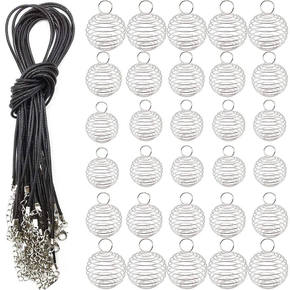 9571 60PCS Spiral Bead Cages Pendants with 60PCS Chains, 4 Sizes Silver